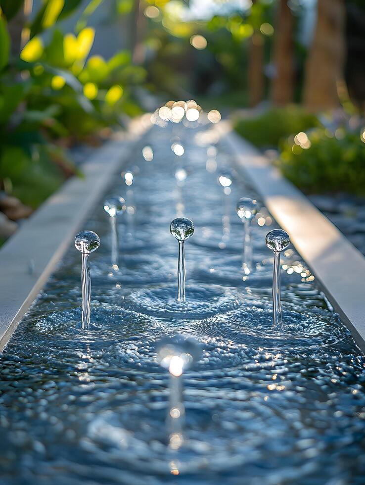 A water feature with multiple spouts in a long narrow pool surrounded by lush green foliage and bokeh lights photo