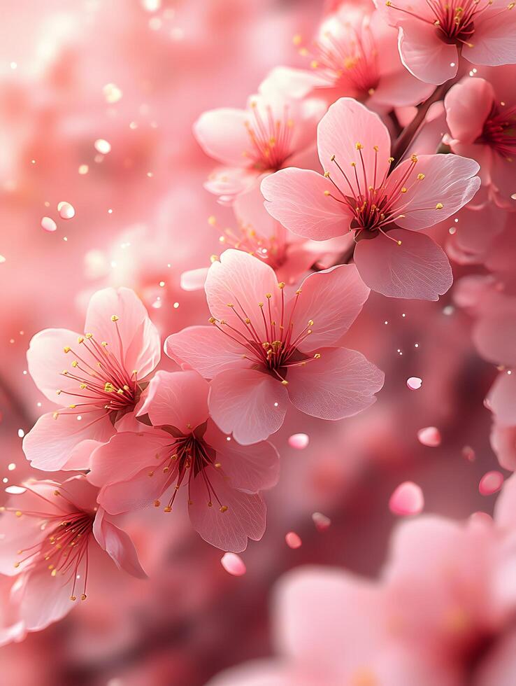 A close up of pink cherry blossoms on a branch with falling petals and a blurred pink background photo