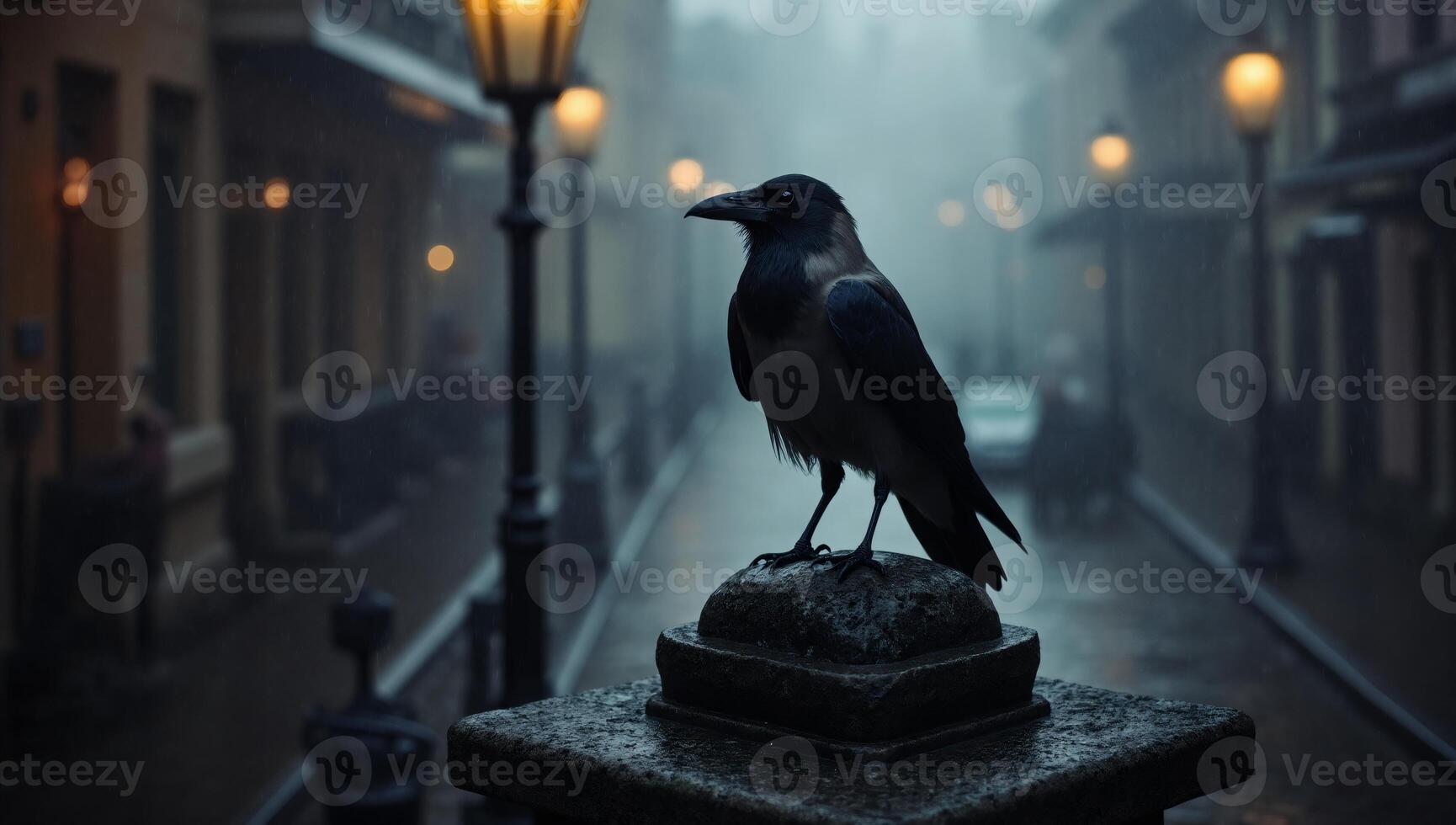 A crow sits on a stone post in a foggy city street photo
