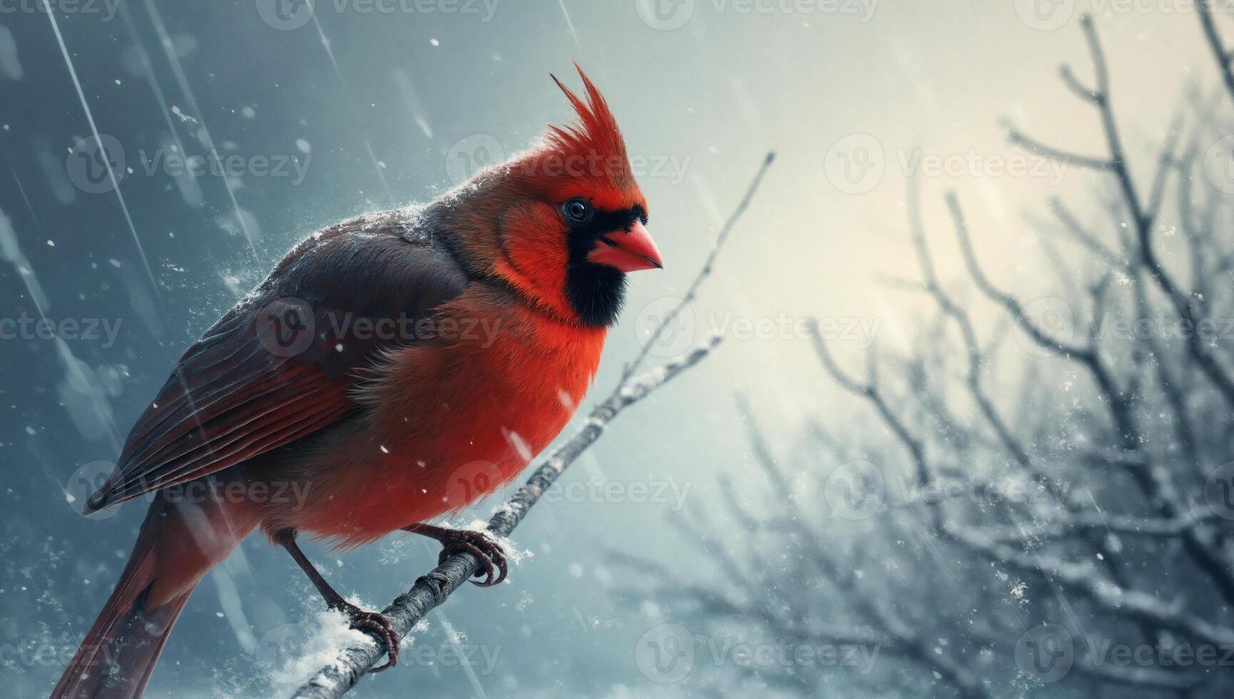 A red bird is perched on a branch in the snow photo