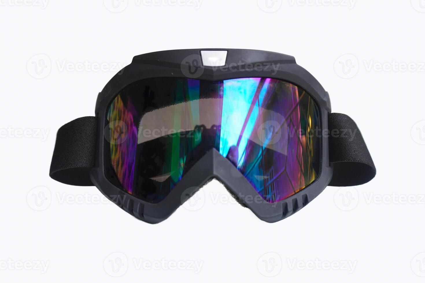 A goggles with a purple tint. The goggles are black and have a strap that goes around the head photo