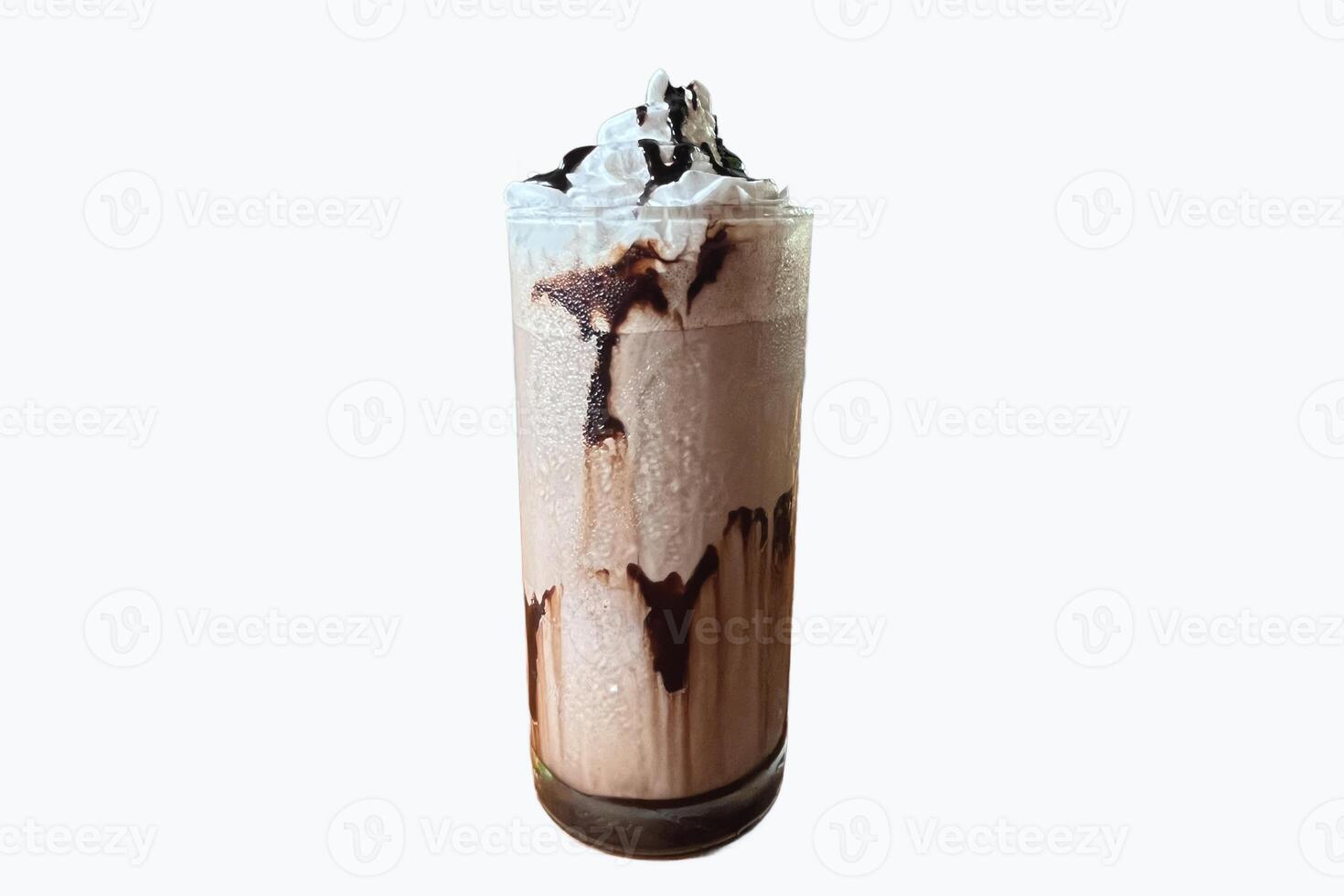 A glass of chocolate drink with whipped cream on top, isolated on white background photo