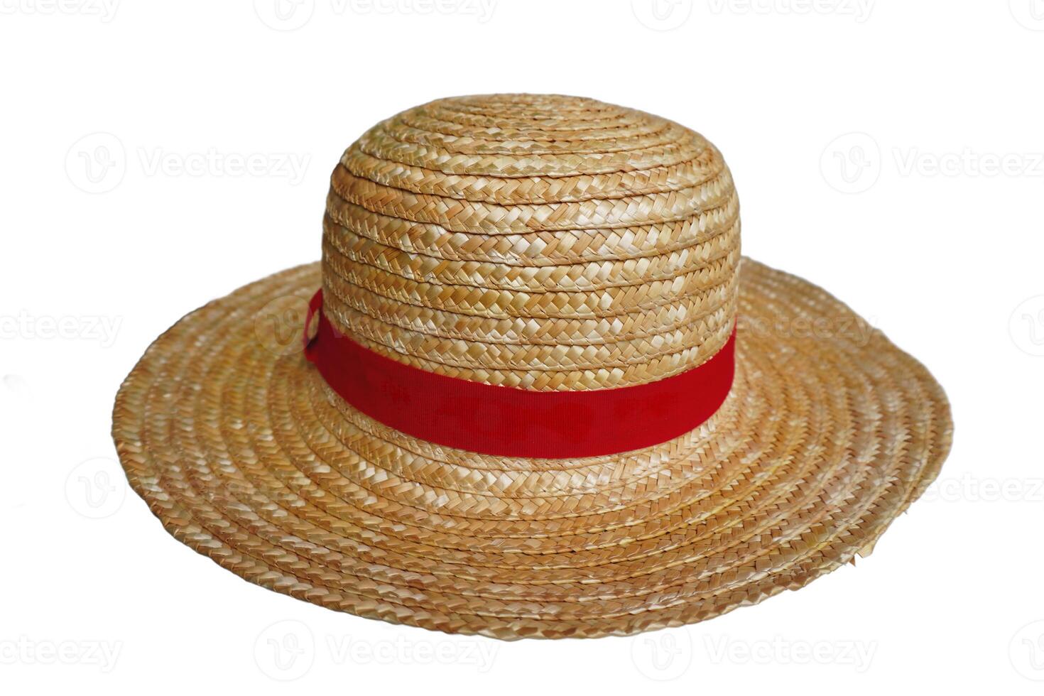 A straw hat with a red ribbon tied around it. The hat is sitting on a white background photo
