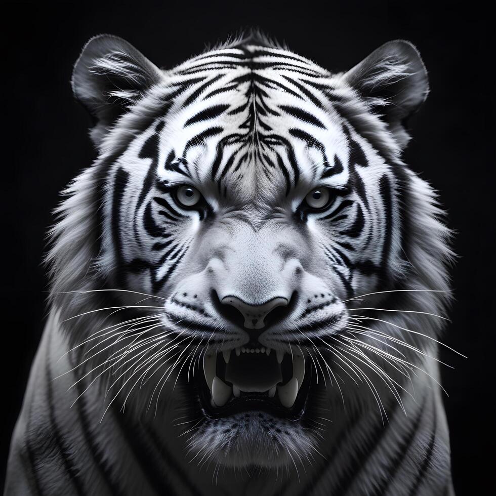 Black and white photograph of a majestic white tiger roaring in extreme close up, with a dark velvety black background isolating the subject photo
