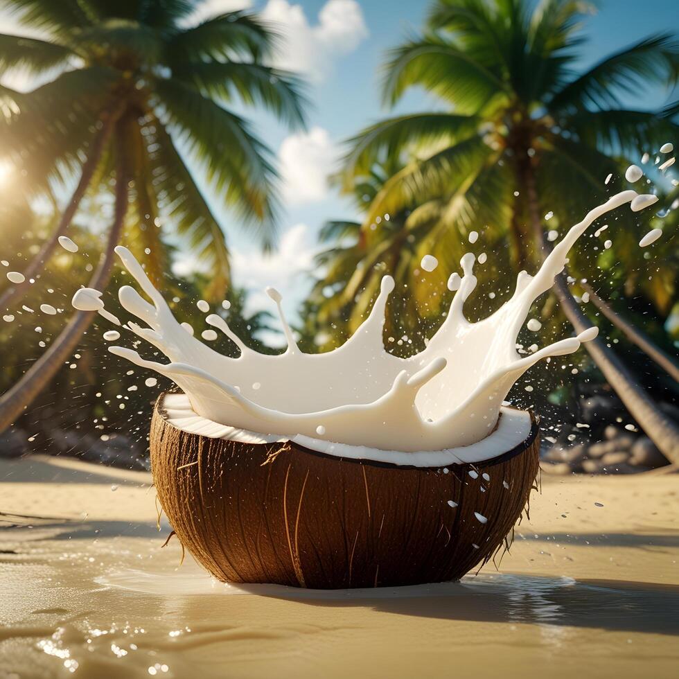 a coconut opened lies on a sunny tropical beach. photo