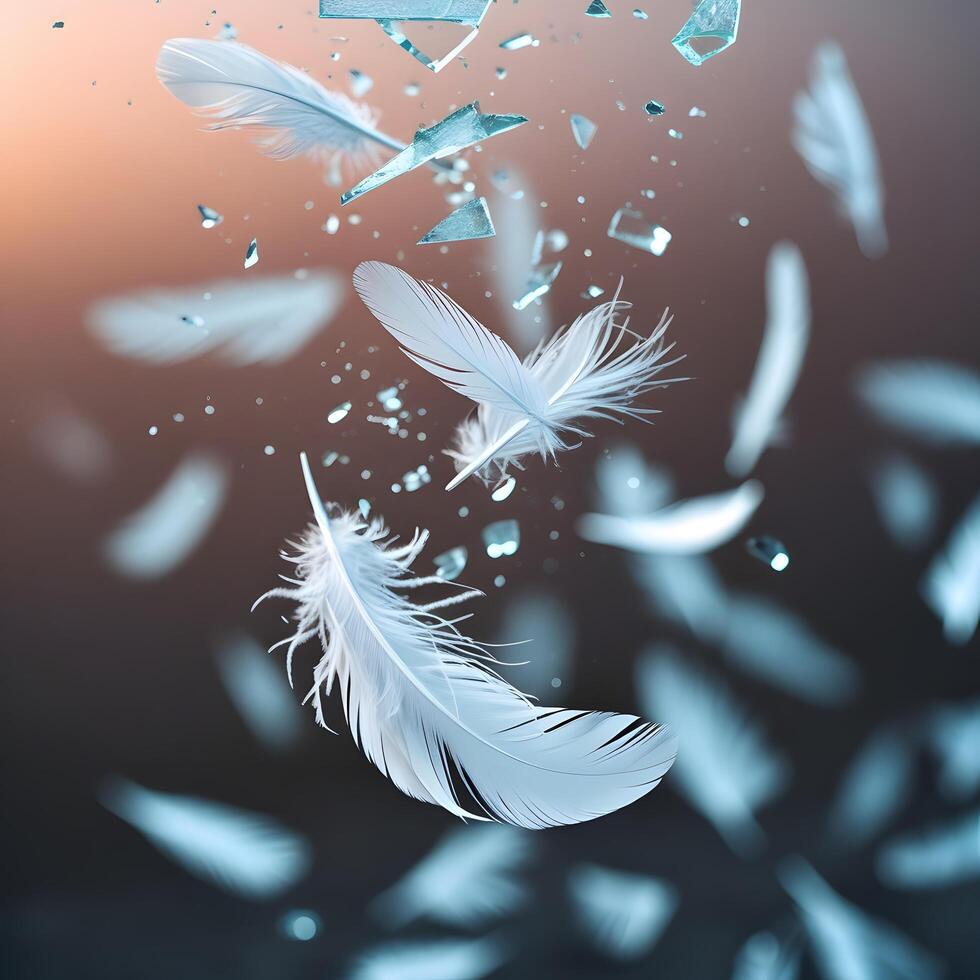 A cinematic photo of white feathers floating in the air.