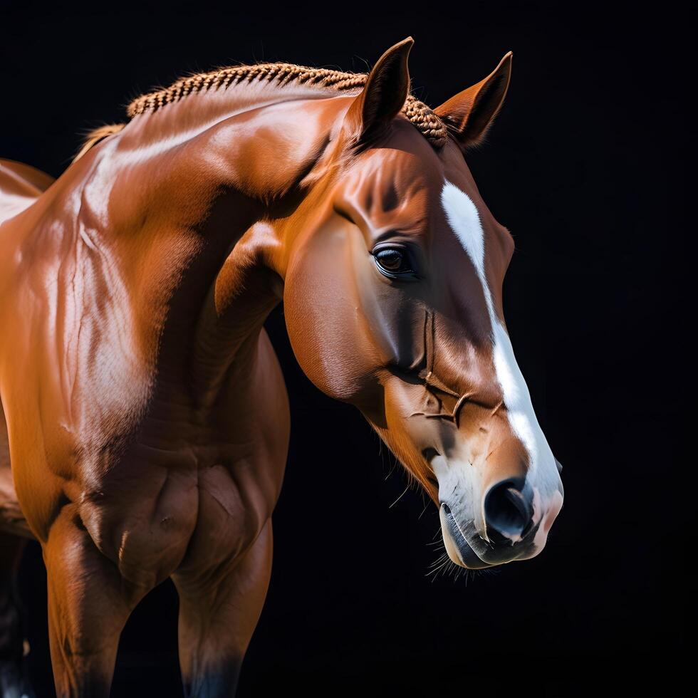 a majestic brown horse isolated on a black background. photo