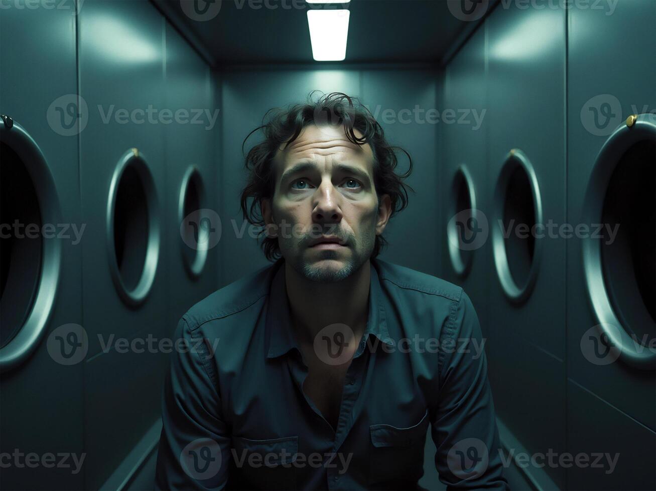 Man Trapped Inside a Metal Cube with Breathing Holes Conceptual Isolation photo