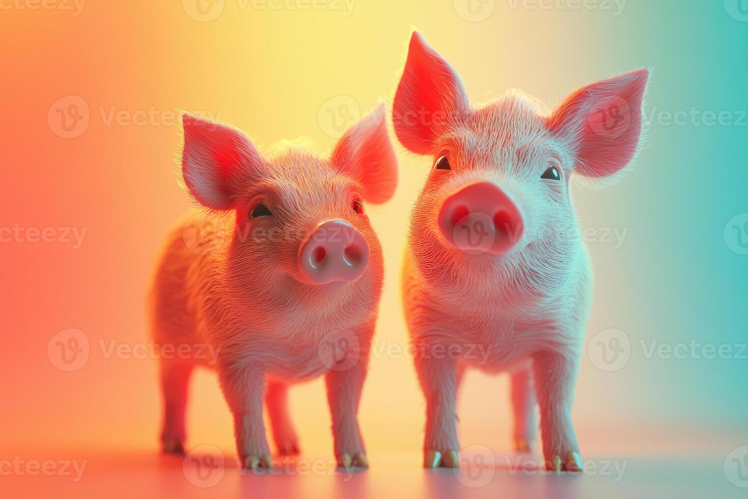 Two cute piglets stand side by side, their pink noses shining in the colorful studio light. photo