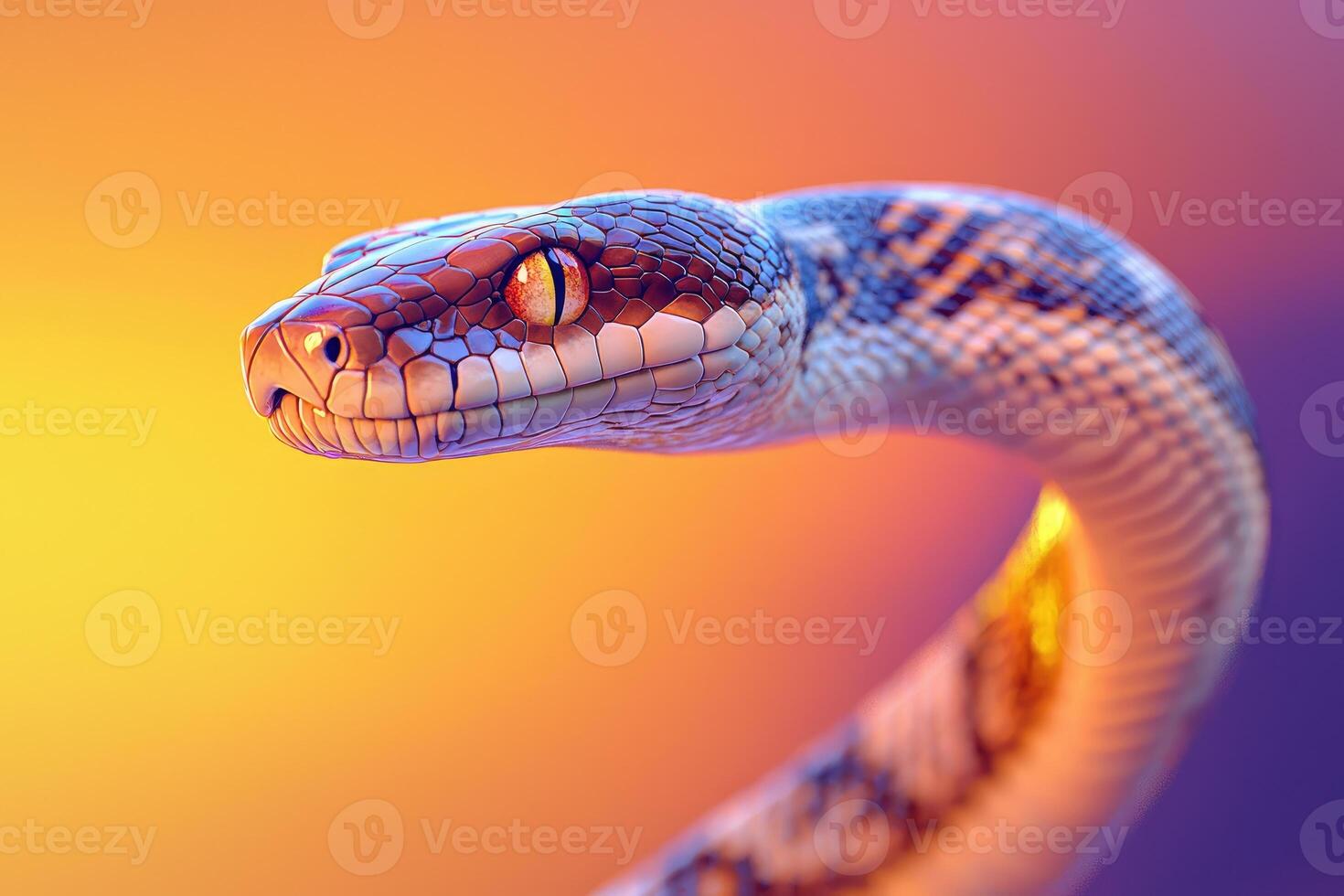 A close-up studio shot captures the intricate details of a snake's scales and striking orange eyes. photo