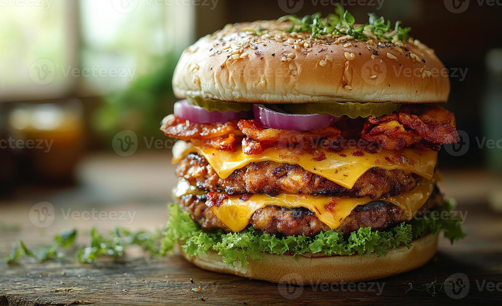 Triple bacon cheeseburger. A tasty triple cheeseburger with beef, bacon, melted cheese, lettuce, and onions in a bun. photo