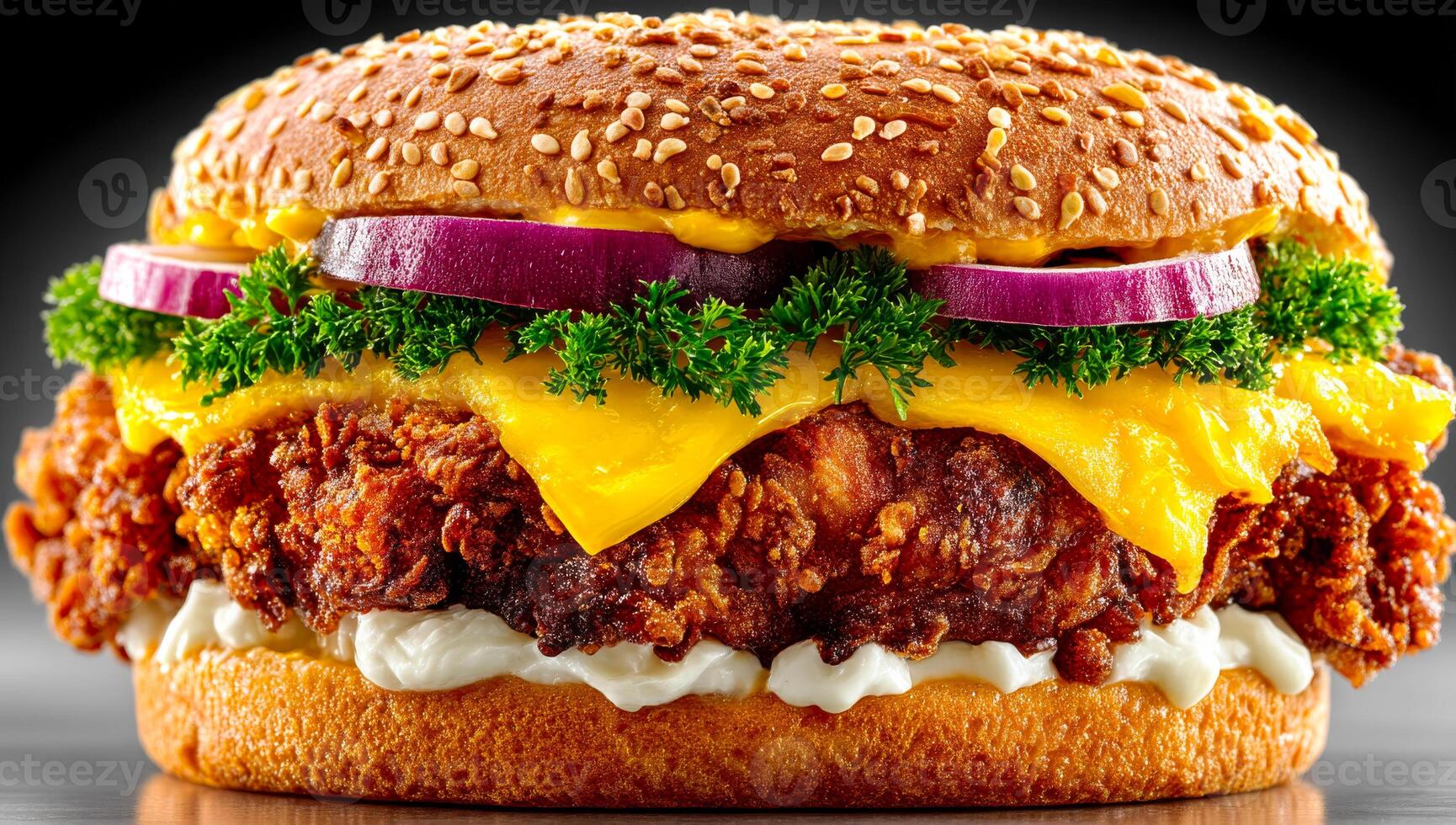 Crispy chicken sandwich. A delicious sandwich featuring crispy fried chicken, topped with cheese, lettuce, and onions, served on a sesame bun. photo