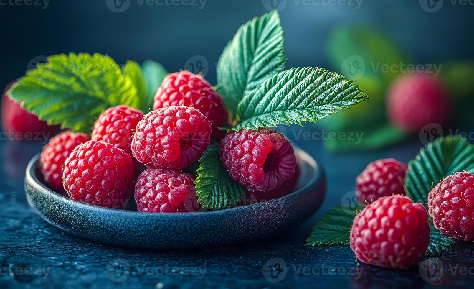 Freshly picked raspberries with leaves. A bowl of ripe raspberries sits on a dark surface, surrounded by vibrant green leaves, showcasing their freshness. photo
