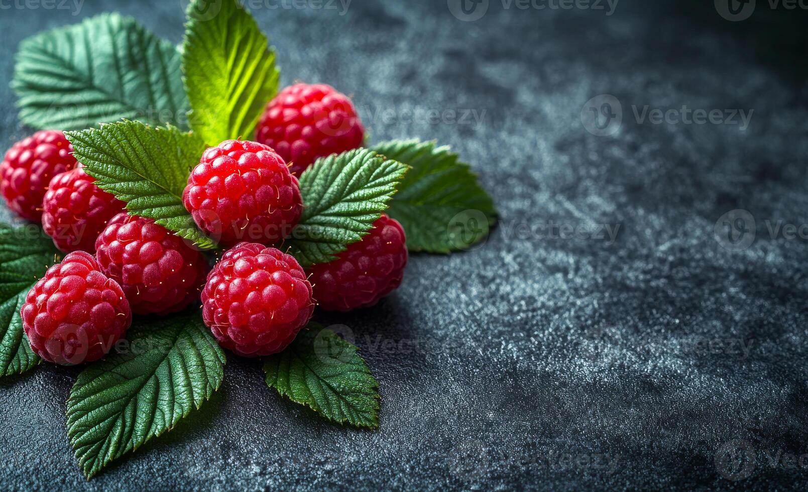 Fresh raspberries on dark surface. Juicy raspberries arranged on a dark surface with vibrant green leaves, showcasing their freshness and color. photo