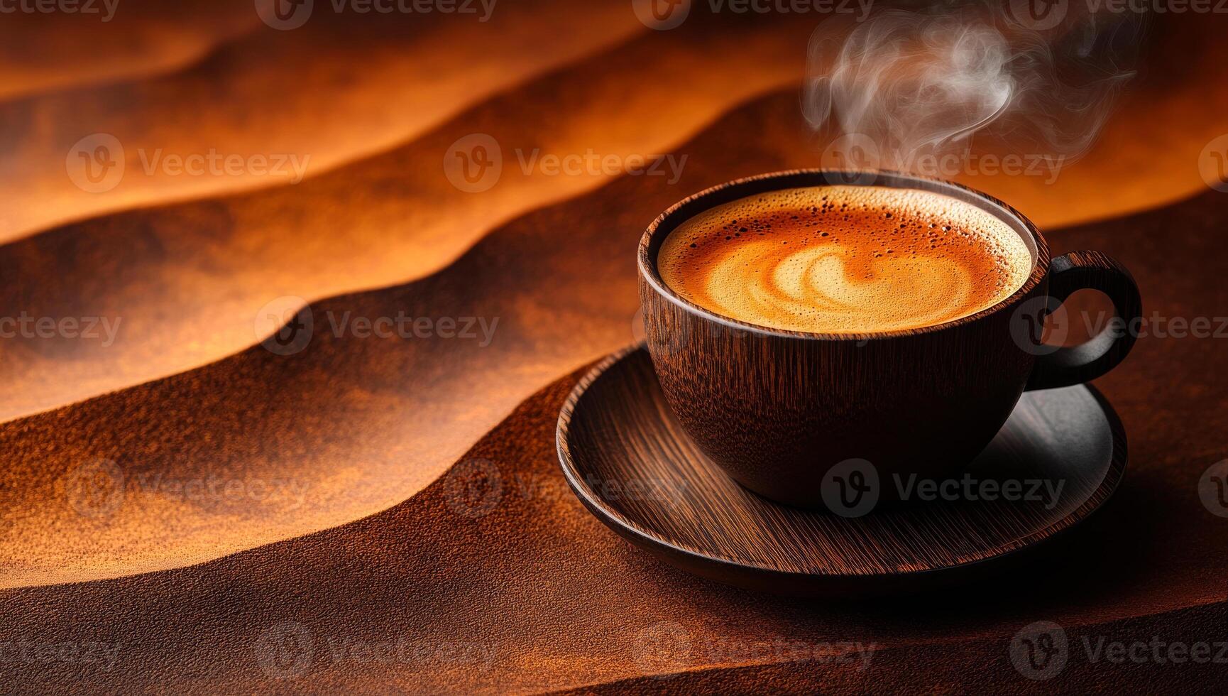 Warm coffee steaming in a wooden cup. A steaming cup of coffee rests on a wooden plate, with patterns swirling against a textured backdrop. photo