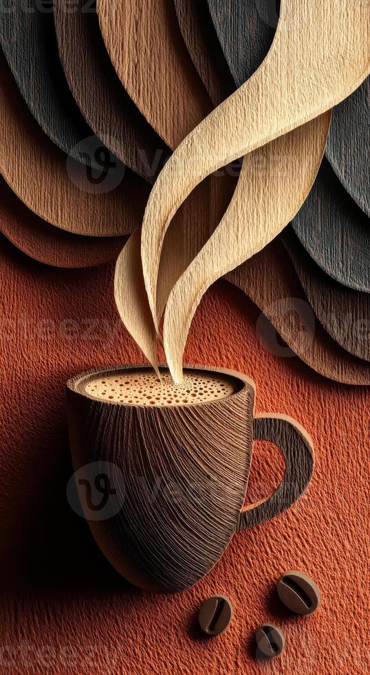 Creative coffee cup with steam design. A handmade coffee cup appears with swirling steam rising above it, displayed on a textured background of warm colors. photo