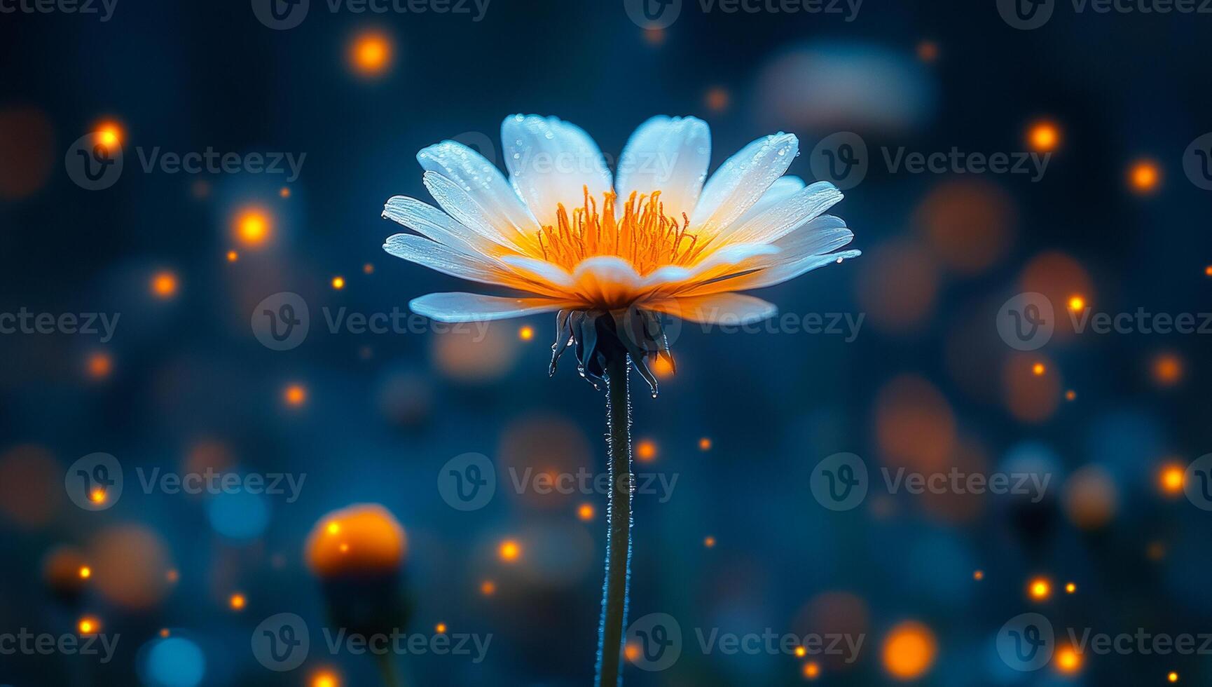 Vivid flower illuminated by soft light. A single flower stands tall amid a backdrop of glowing particles, showcasing its vibrant colors and delicate petals. photo
