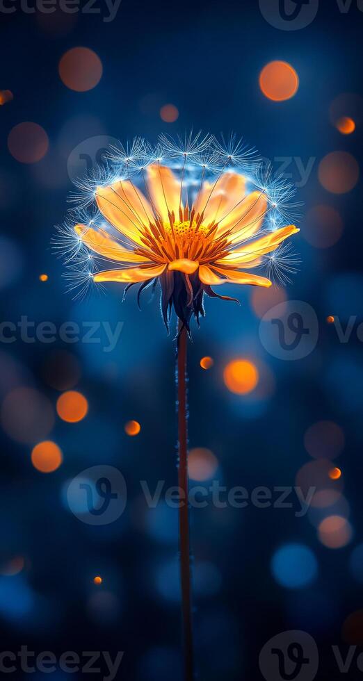 Glow of dandelion on blue. A vibrant dandelion illuminates the dark blue backdrop with glowing pollen, creating a magical nighttime atmosphere. photo