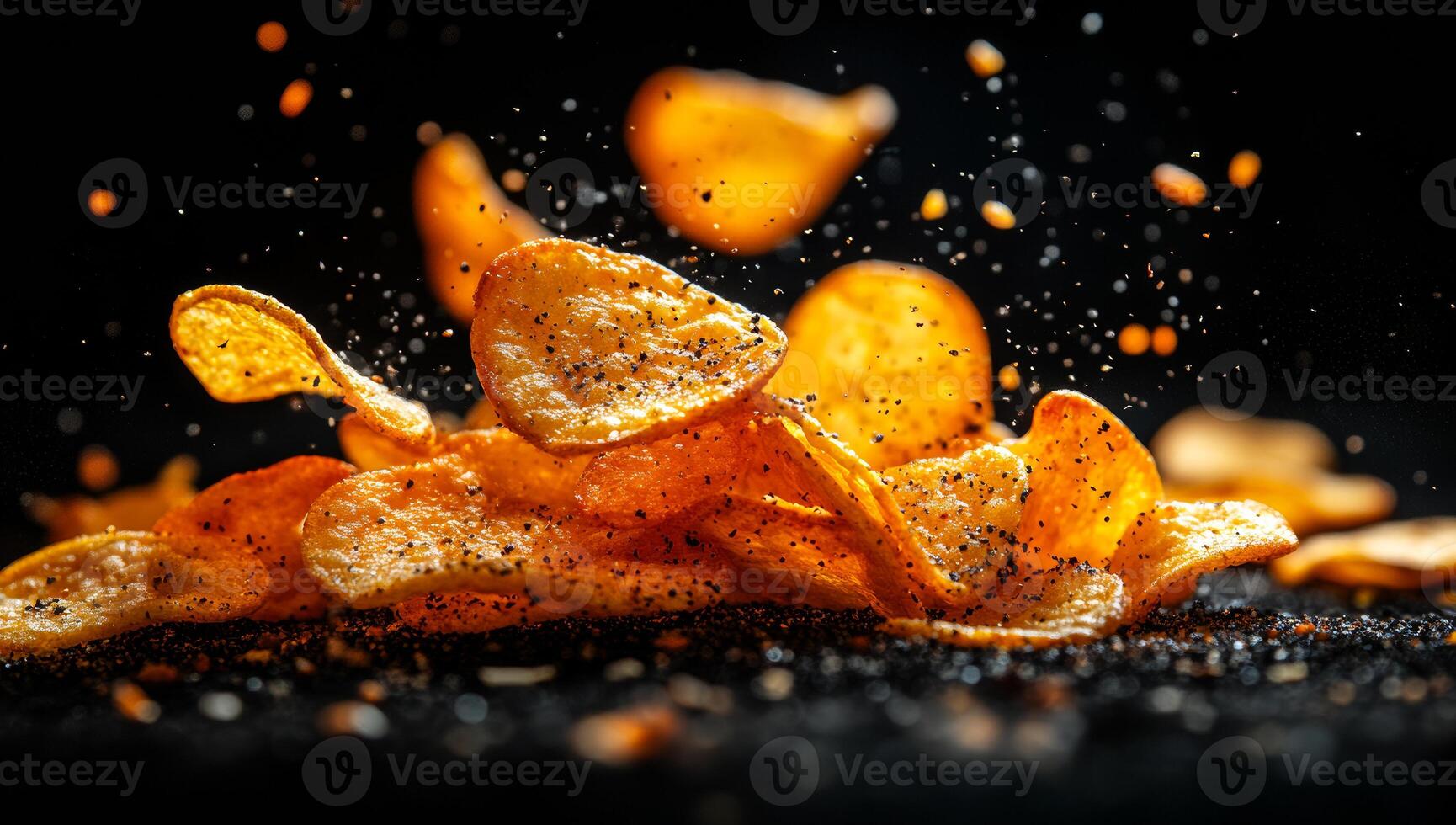 Crispy potato chips flying in the air. A collection of crispy potato chips is suspended in mid-air, creating a dynamic and appetizing visual display. photo