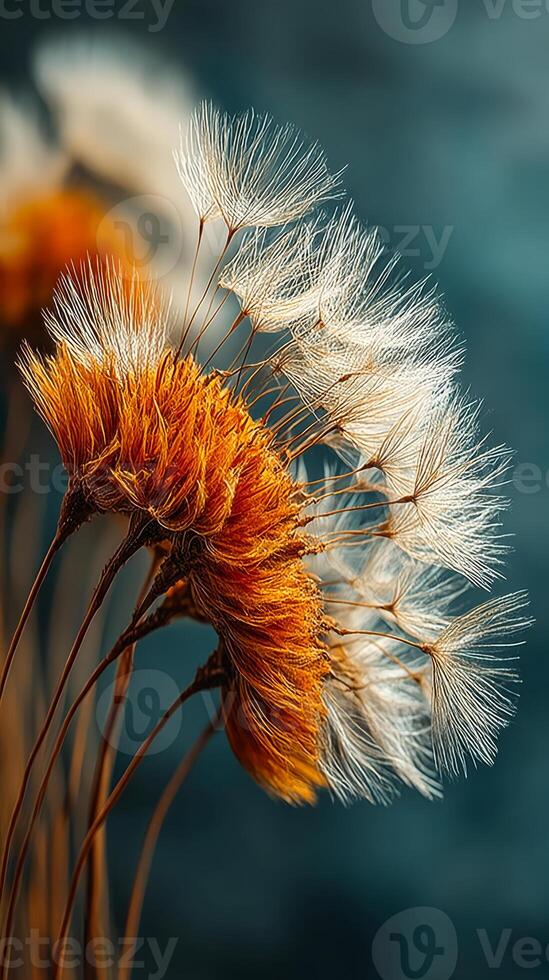 Delicate dandelions in soft sunlight. Golden and white dandelions sway in sunlight, showcasing their intricate structures against a blurred backdrop. photo
