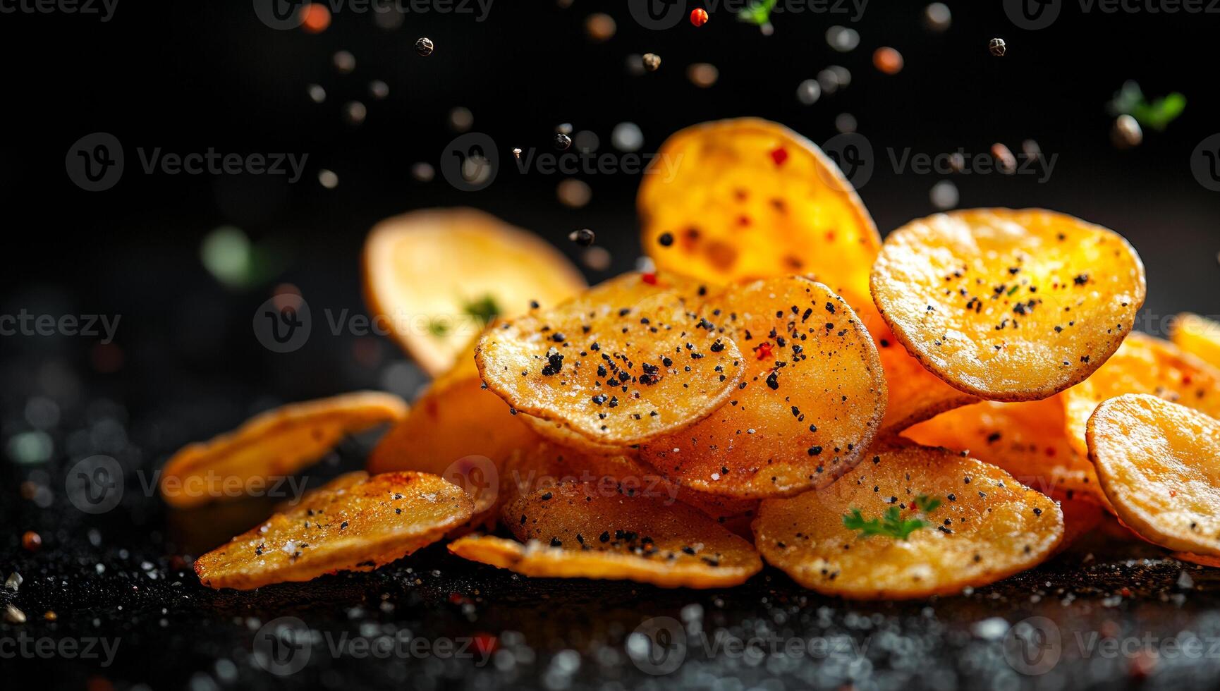 Spiced crispy chips on dark surface. A pile of golden crispy chips seasoned with spices is displayed on a dark surface, creating a tempting snack. photo