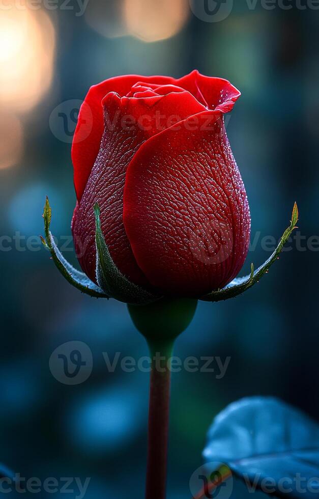 Red rose standing tall in soft light. A vibrant red rose blooms gracefully in a garden, illuminated by gentle sunlight during early evening hours. photo
