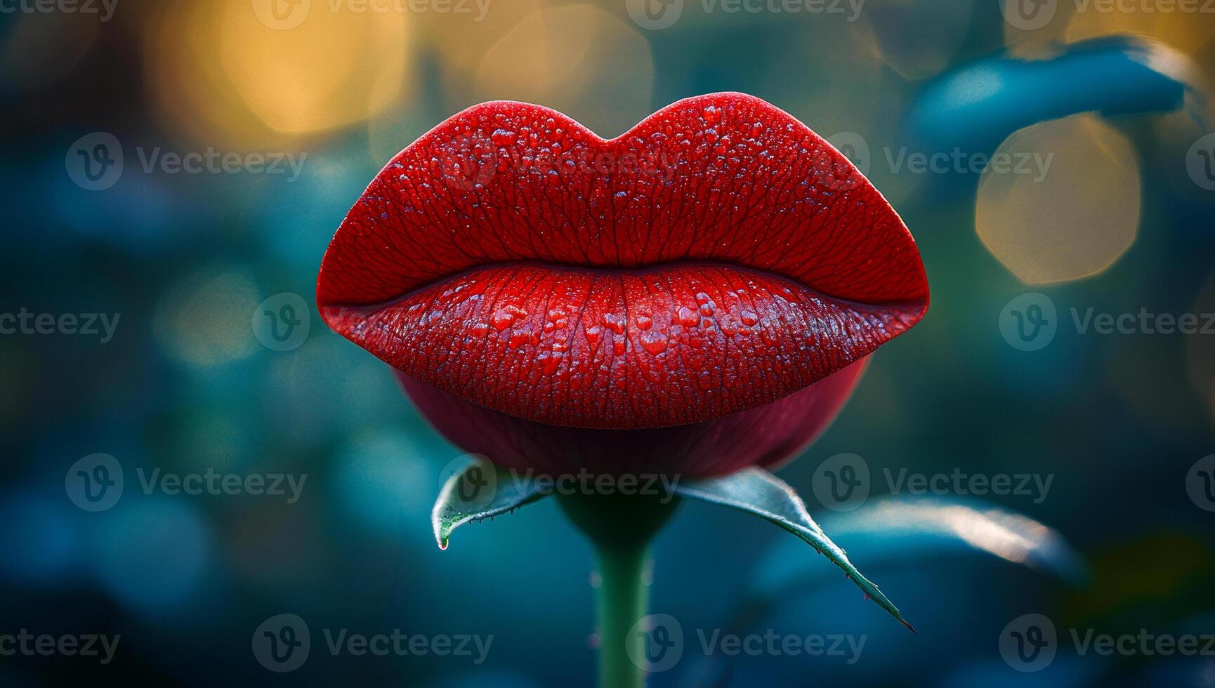 Red lips rest on a blooming rose petal. Bright red lips adorned with droplets contrast beautifully against a green rose stem and soft background. photo