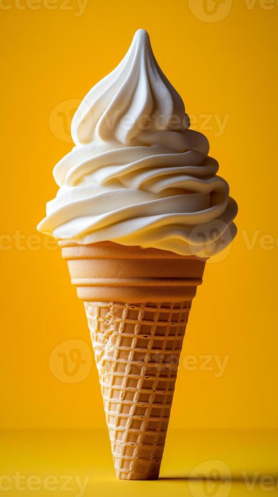Creamy soft serve ice cream cone delight. A delicious soft serve ice cream cone with smooth, white cream against a vibrant yellow background. photo