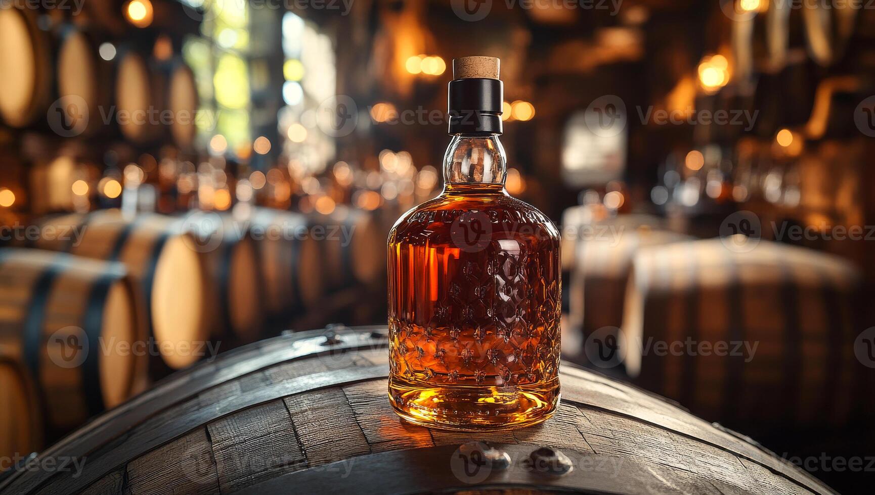 Bottled spirit displayed in a distillery. A rich amber bottle rests on a wooden barrel in a dimly lit distillery filled with aging barrels. photo