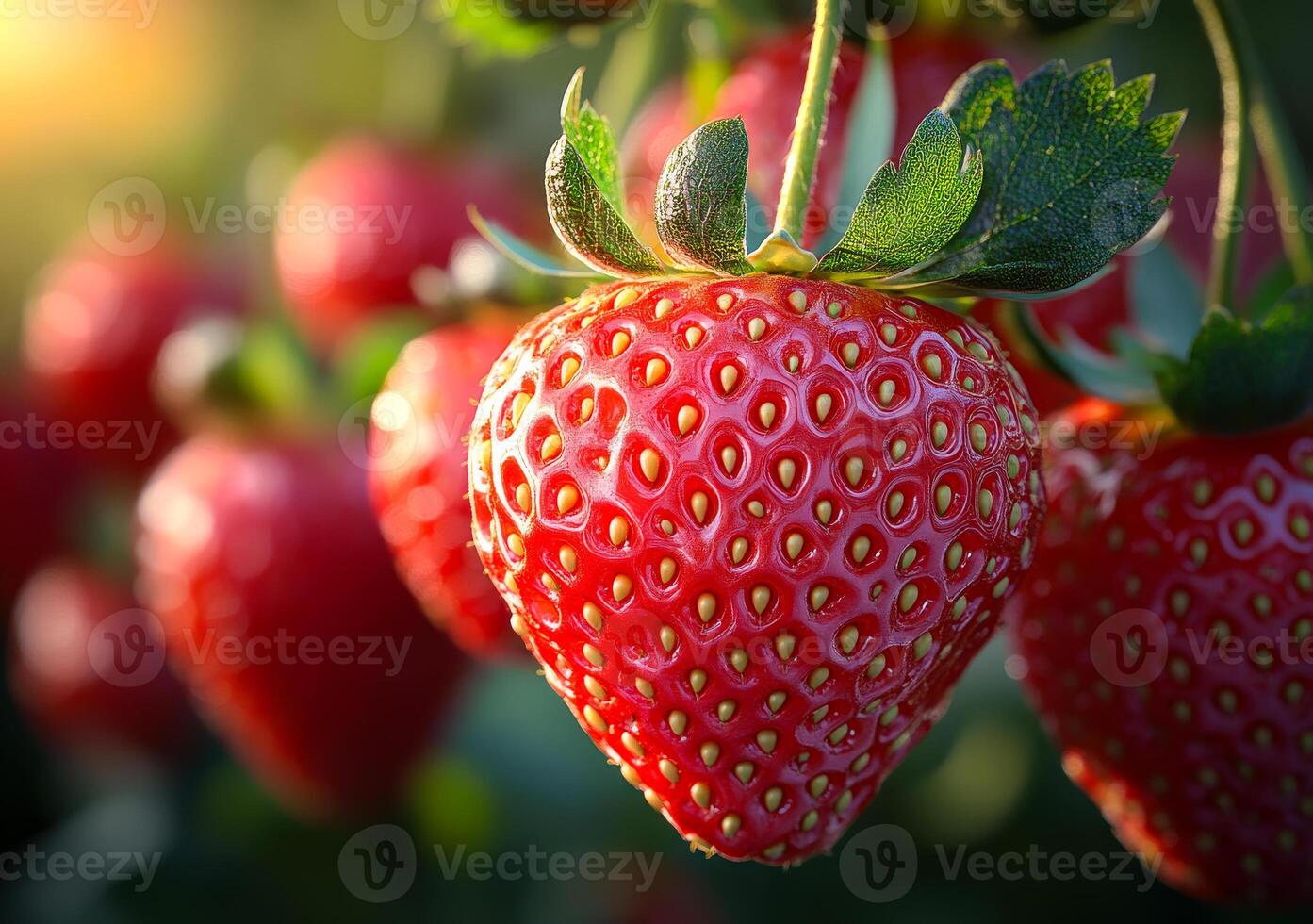 Sunlit strawberries growing. Ripe strawberries dangle from green plants, illuminated by warm sunlight in a lush garden setting. photo