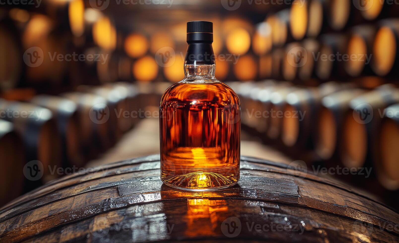 Bottle of whiskey on a wooden barrel. A whiskey bottle sits on a barrel in a dimly lit distillery, illuminated by warm lights and surrounded by aging barrels. photo
