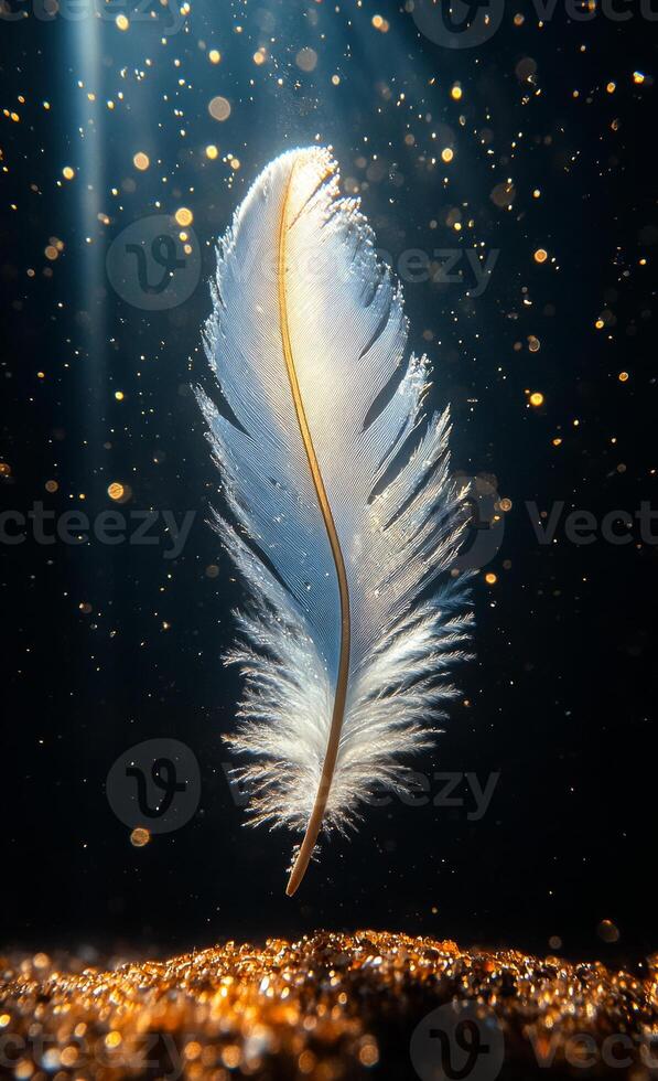 Elegant feather floating in golden light. A delicate feather hovers above a shimmering surface, illuminated by golden rays, creating a magical atmosphere. photo