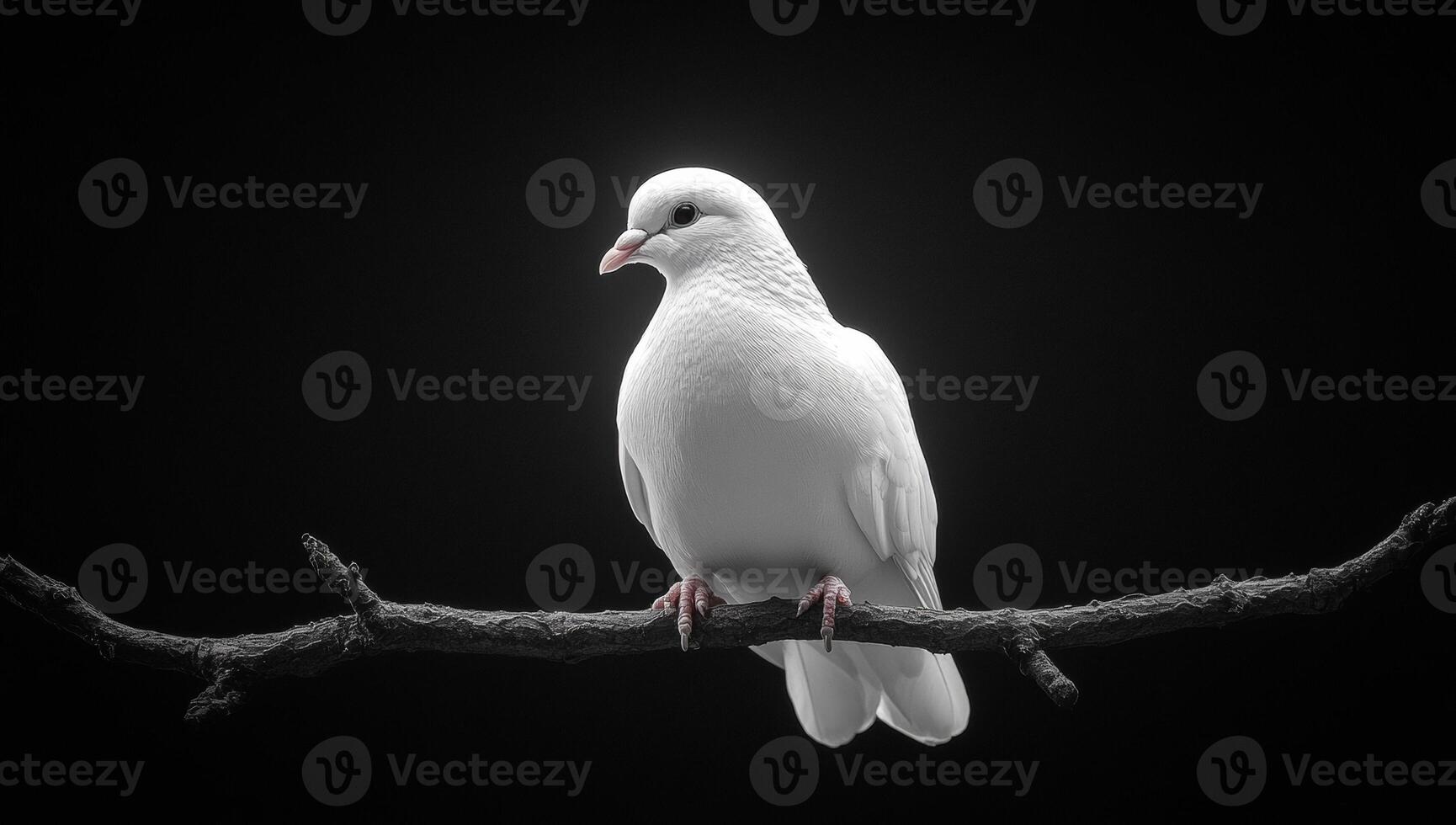Dove on a branch in daylight. A white dove perches on a bare branch, embodying grace and tranquility in soft daylight. photo