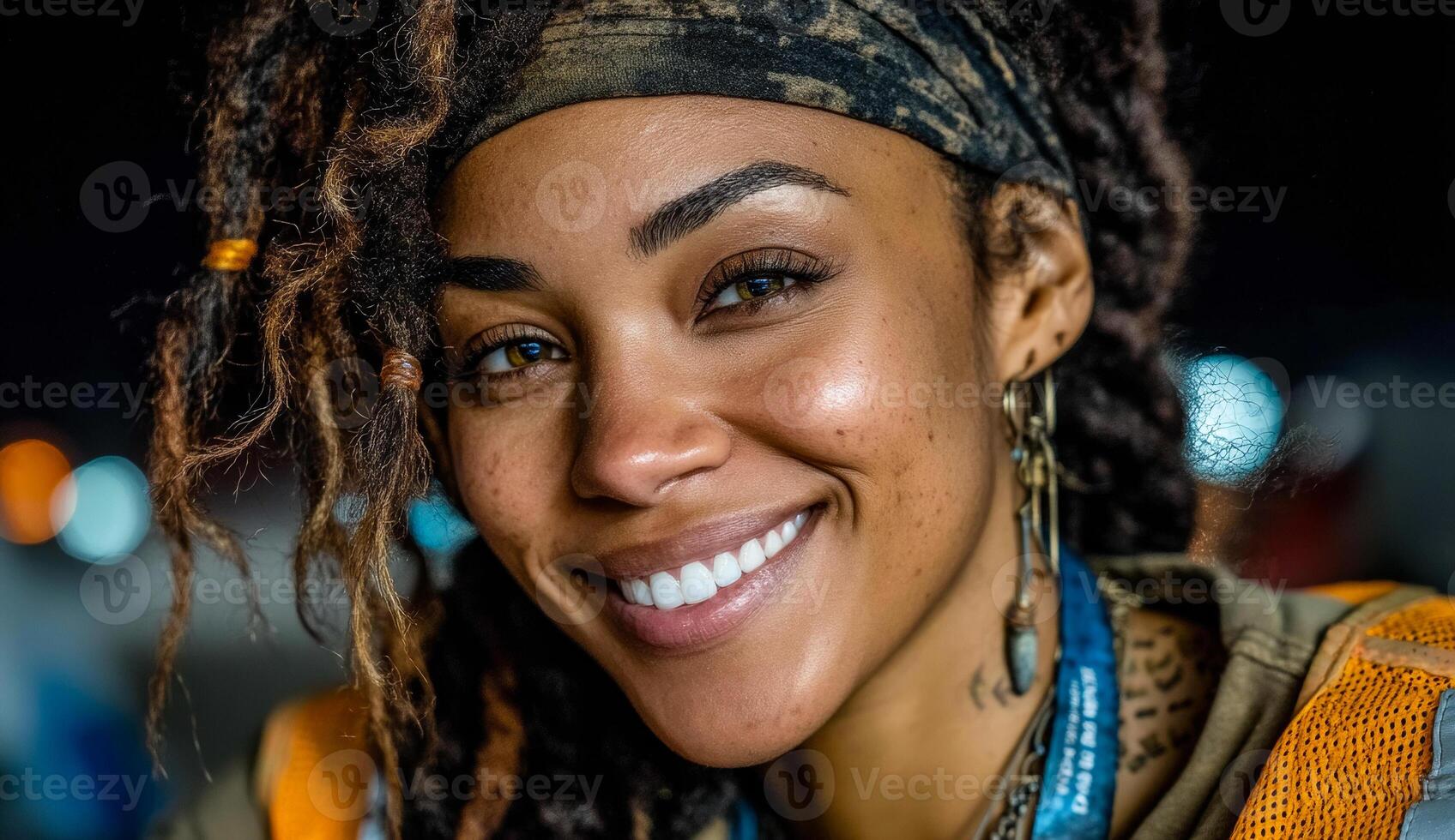 Smiling woman with dreadlocks at night. A joyful woman with dreadlocks showcases her bright smile under evening lights at an outdoor event. photo