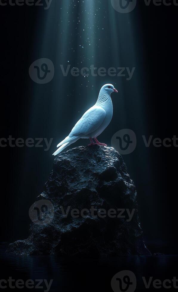 Pigeon on dark rock by water. A white pigeon stands on a rocky surface surrounded by dark water, illuminated by beams of light from above. photo