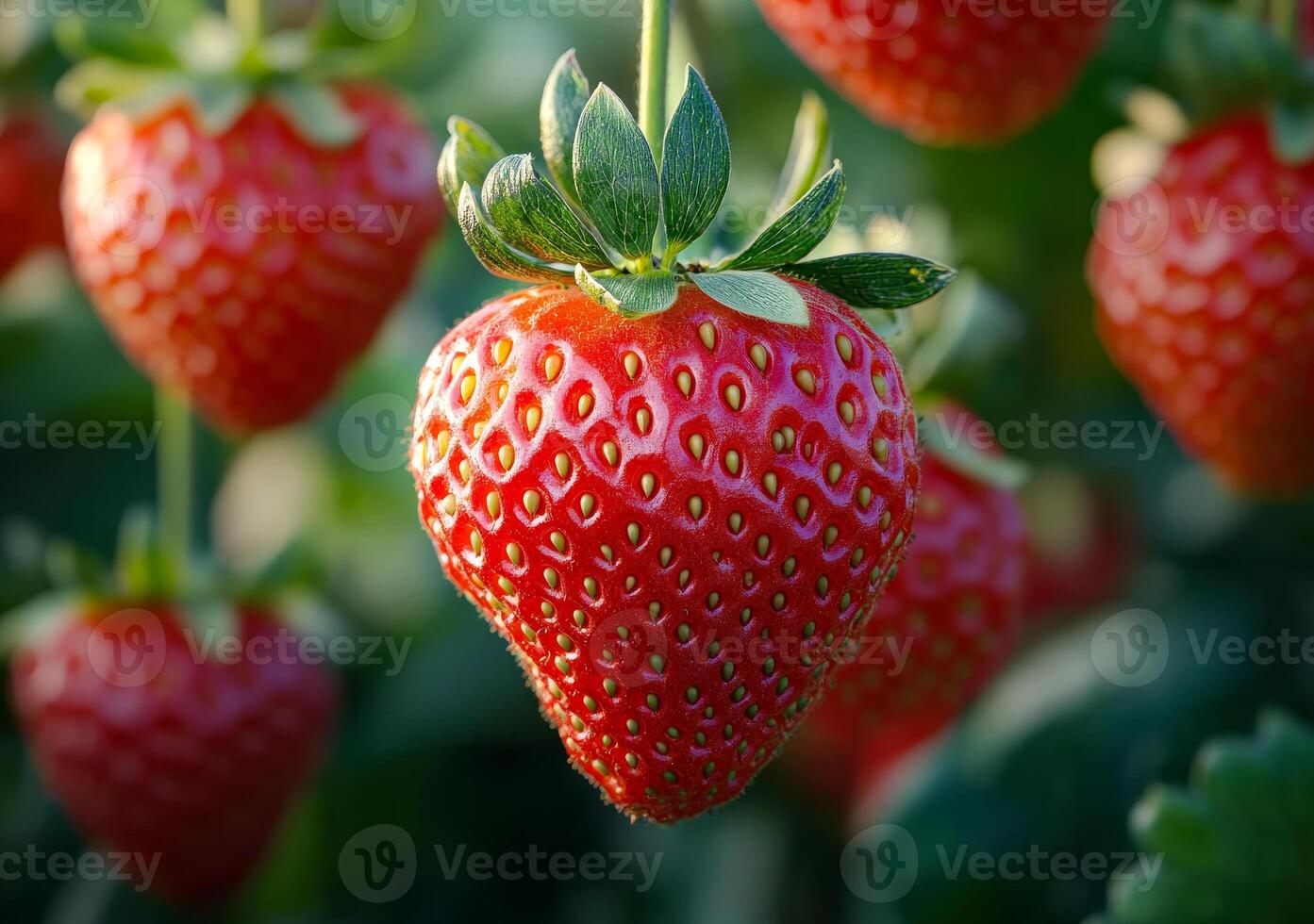 Strawberries in the field. Vibrant strawberries dangle from green leaves during the late afternoon sunlight in a farm field ready for harvest. photo
