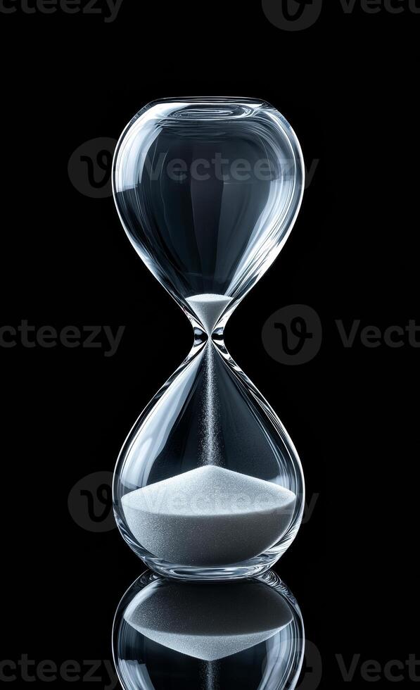 Elegant glass hourglass captures time. A clear glass hourglass stands on a smooth surface, filled with fine white sand, measuring time in an artistic way. photo