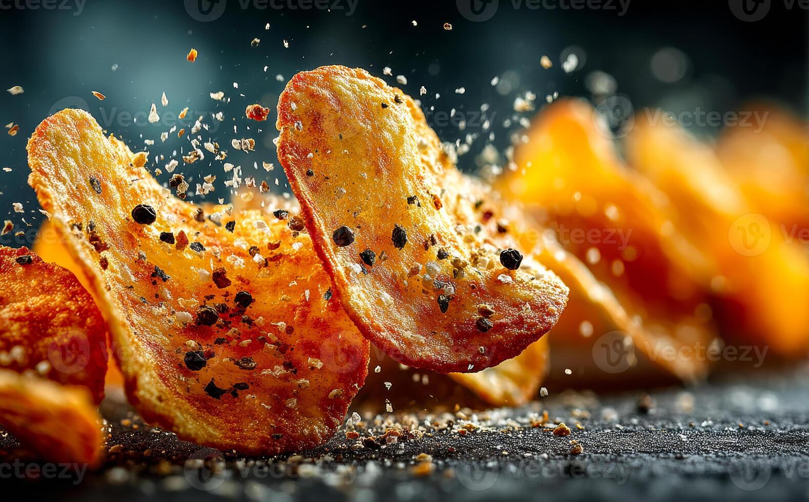 Deliciously seasoned potato chips flying. Golden potato chips are tossed into the air, creating a delightful splash of seasoning against a dark background. photo