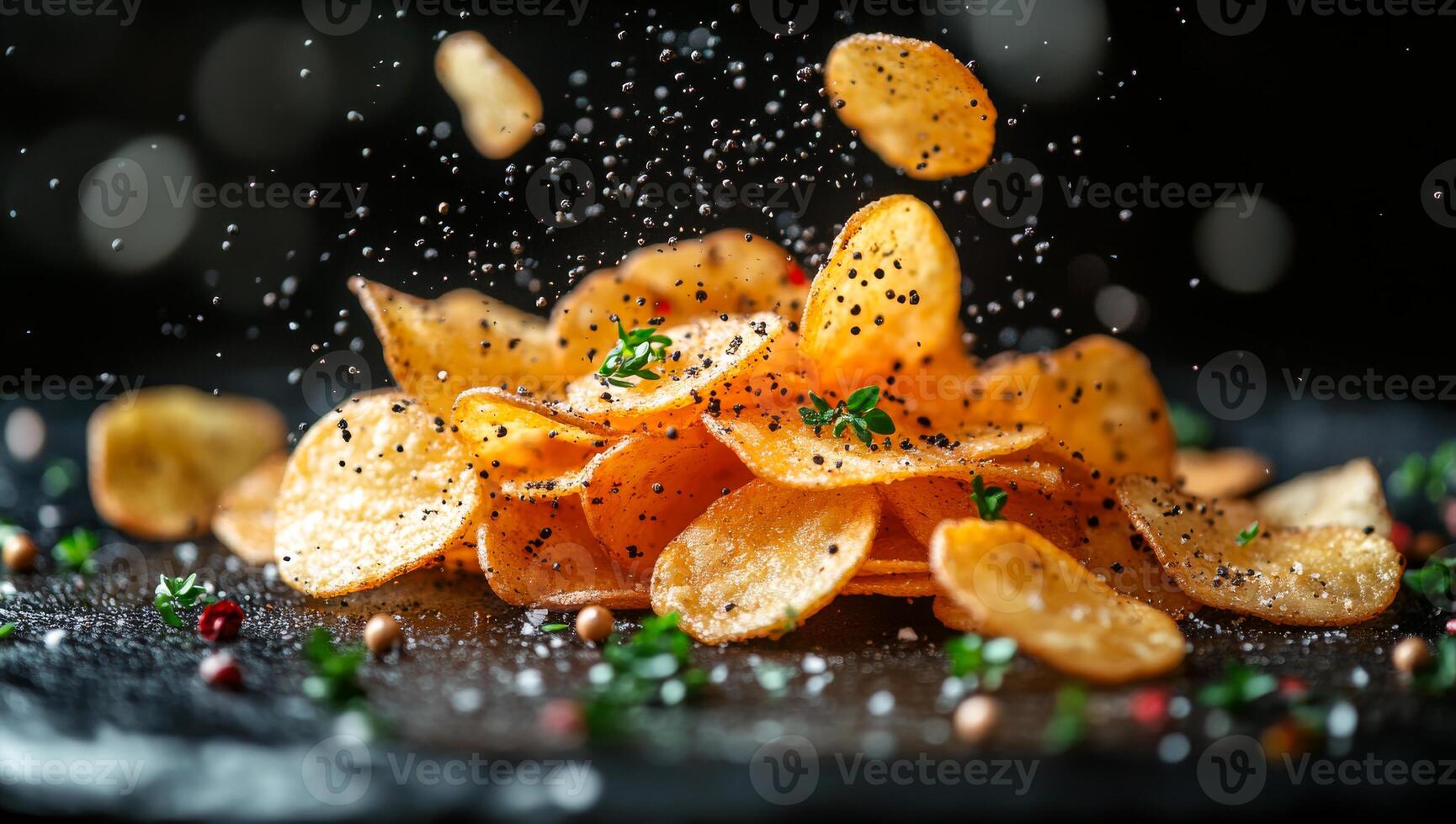 Tasty seasoned golden chips. Golden potato chips are scattered on a black plate, garnished with herbs and spices, creating an inviting snack display. photo