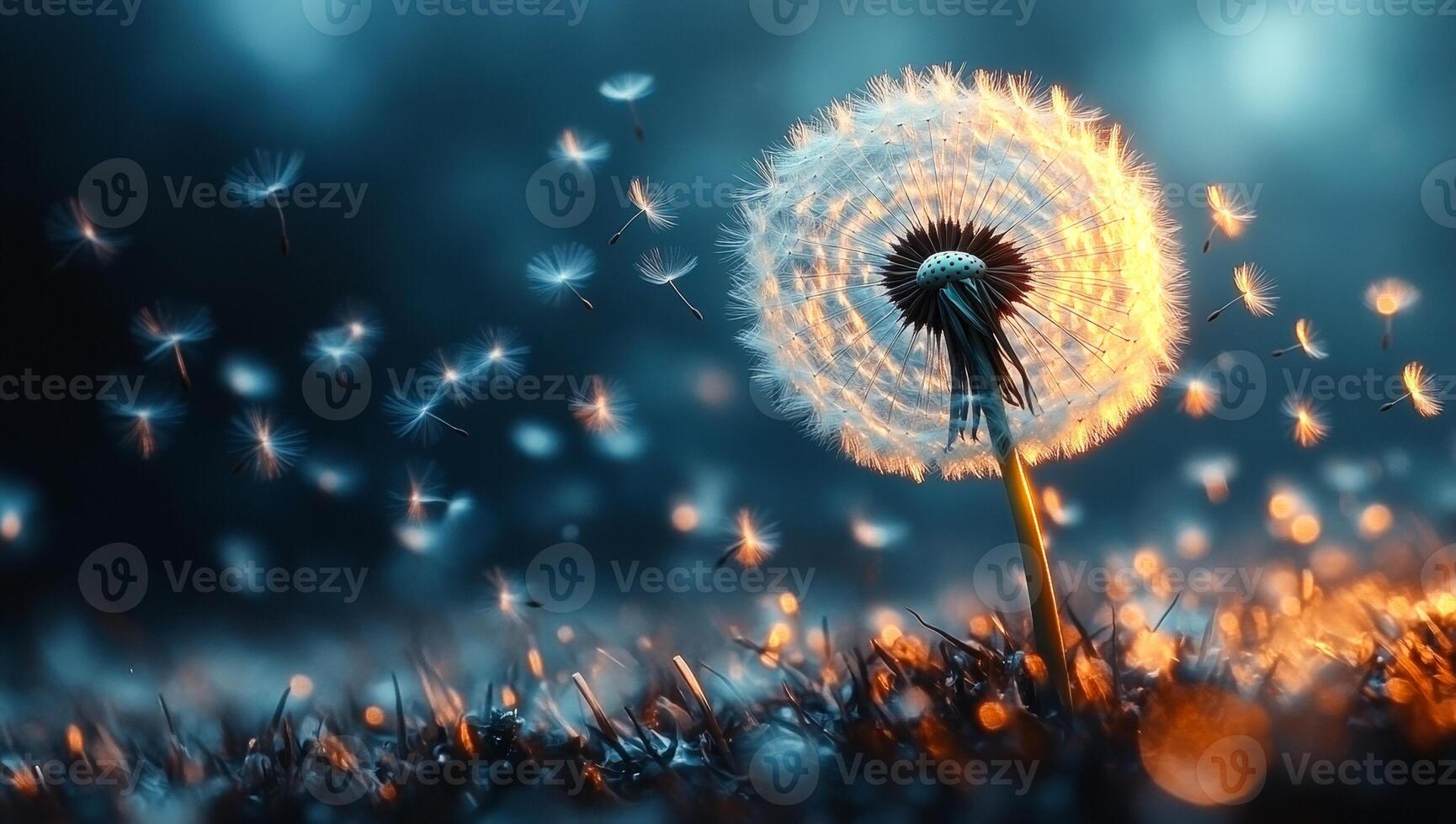 Evening light with dandelion seeds. Dandelion seeds drift in twilight, bathed in soft light, creating a magical atmosphere. photo