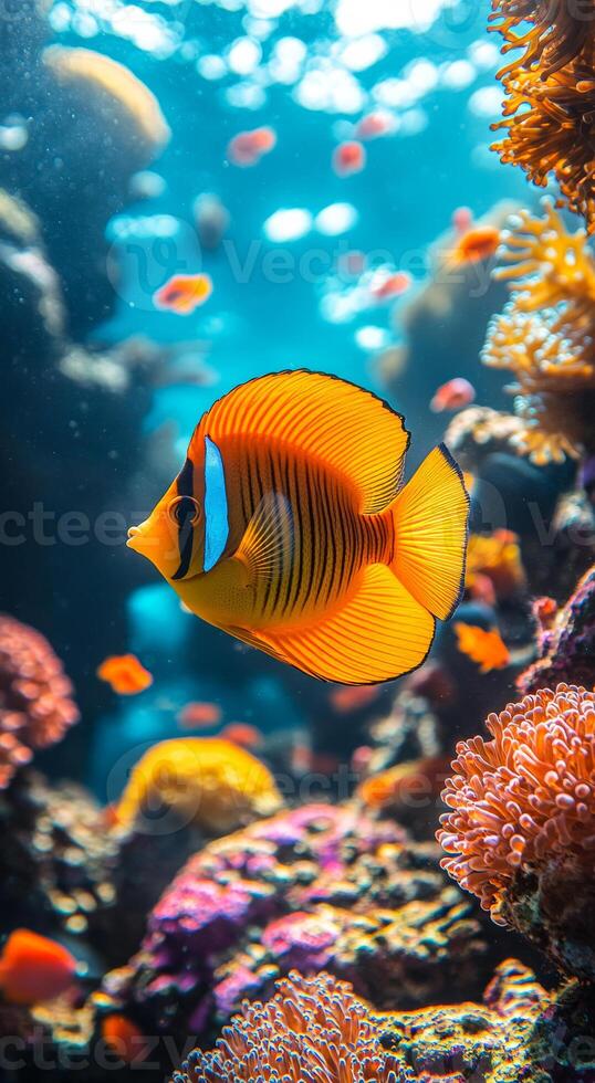 Colorful fish in coral reef. Bright orange fish glides gracefully through a lively coral reef bursting with color and marine life. photo