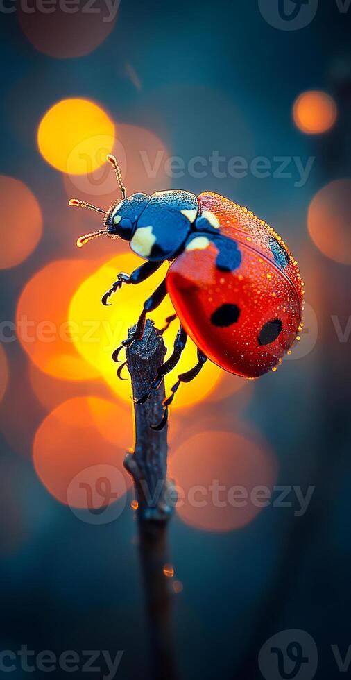 Bright ladybug on a twig. A vibrant ladybug rests on a stick, surrounded by glowing bokeh lights, creating a magical evening atmosphere. photo