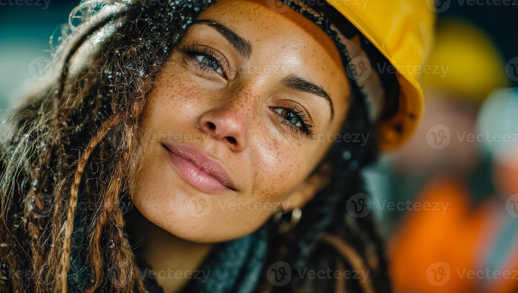 Smiling woman with dreadlocks at site. A woman with dreadlocks and a yellow hard hat smiles warmly while on a busy construction site during the day. photo