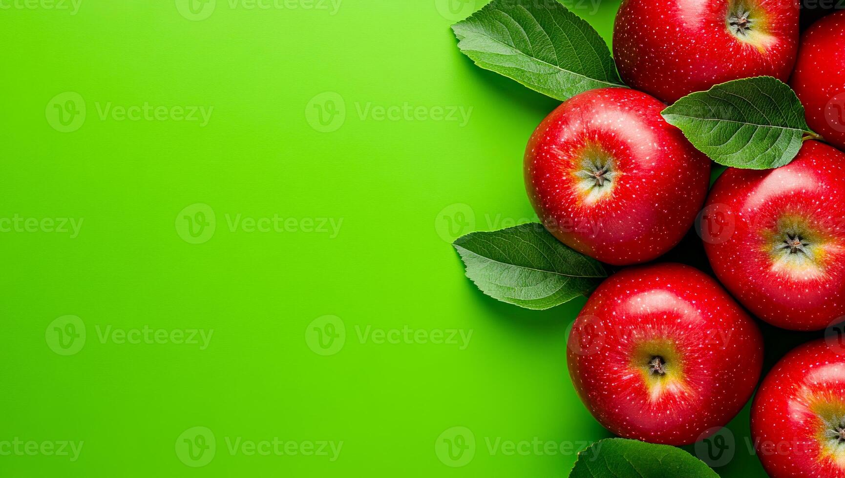 Red apples on green background. Bright red apples with green leaves are arranged neatly on a vibrant green background, creating a fresh, inviting look. photo