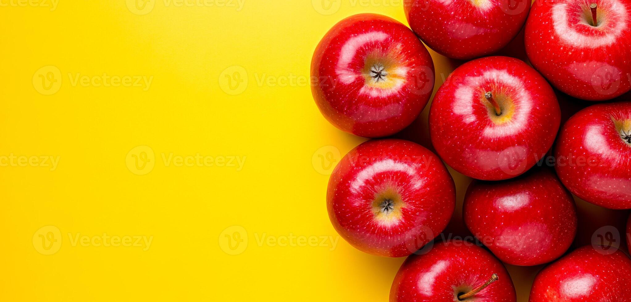 Bright red apples on yellow background. A cluster of shiny red apples rests against a vibrant yellow backdrop, showcasing their fresh and appetizing appearance. photo