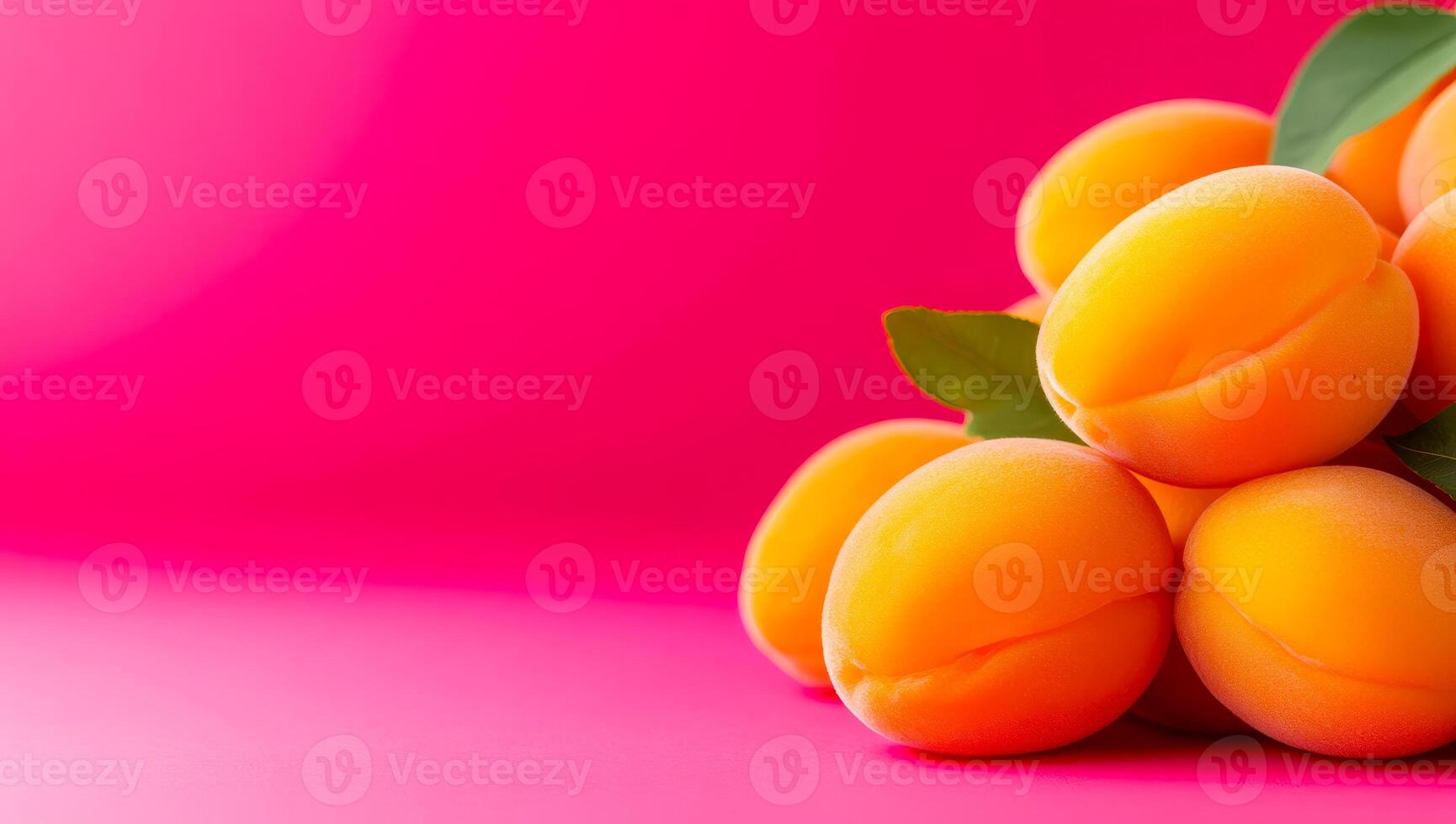 Bright apricots on display. Bright apricots with green leaves rest against a bold pink backdrop, showcasing their vibrant color and freshness. photo