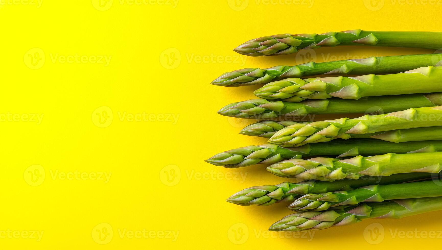 Asparagus on a bright backdrop. Green asparagus spears are neatly arranged against a bright yellow background, highlighting their fresh appearance. photo