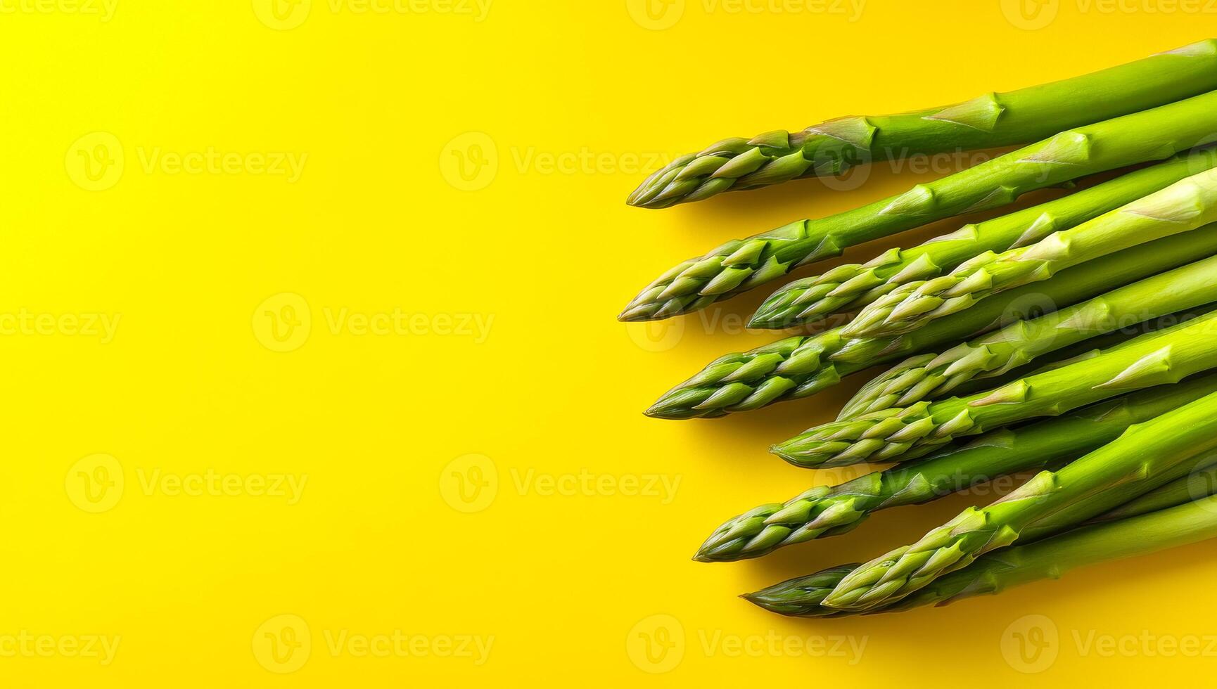 Asparagus on yellow backdrop. Fresh green asparagus spears arranged on a vibrant yellow surface, highlighting their texture and color. photo
