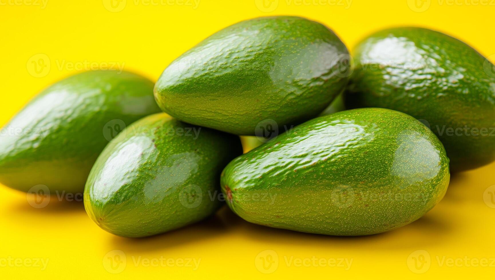 Green avocados on yellow BG. Six ripe green avocados are beautifully arranged on a vibrant yellow background, highlighting their smooth texture. photo