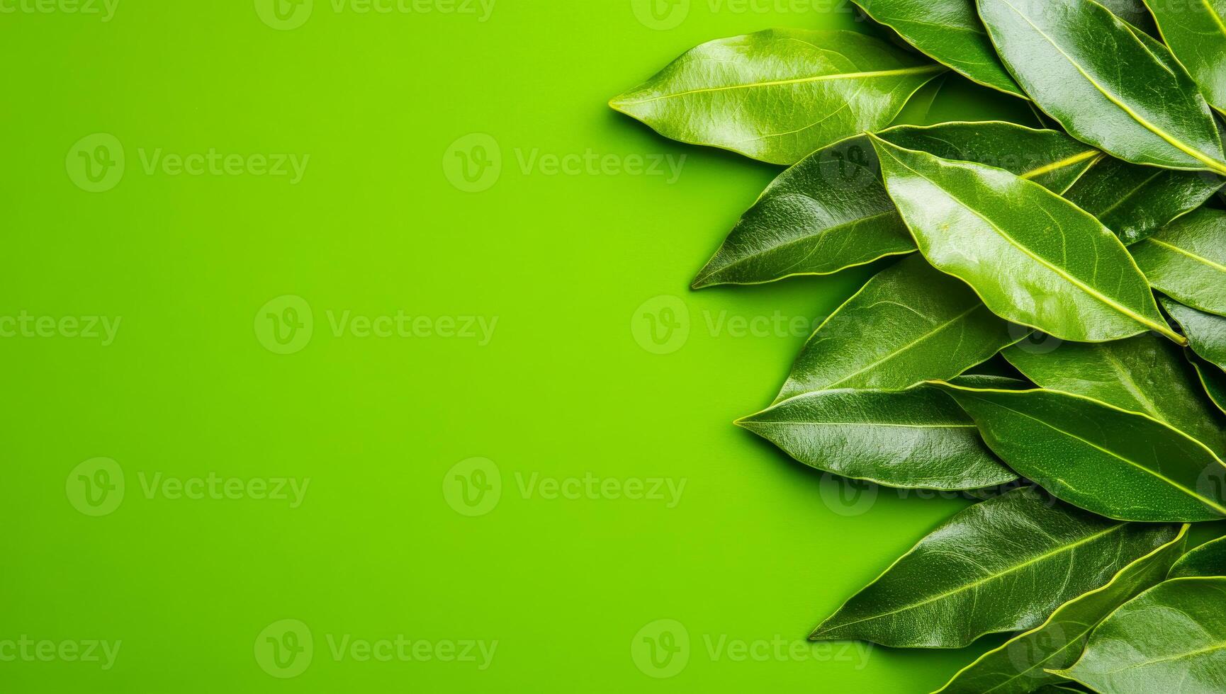 Green leaves on bright backdrop. Fresh green leaves are artfully arranged against a bright green background, showcasing their texture and color. photo